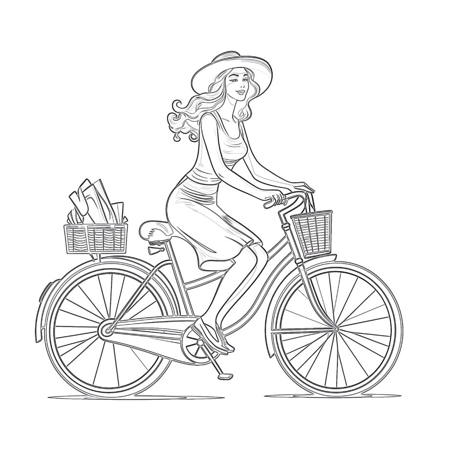 Classic Woman Bicycle Coloring Page