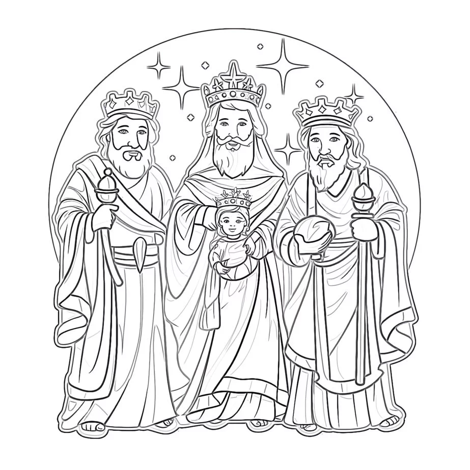 Three Wise Men Visit Baby Jesus Coloring Page