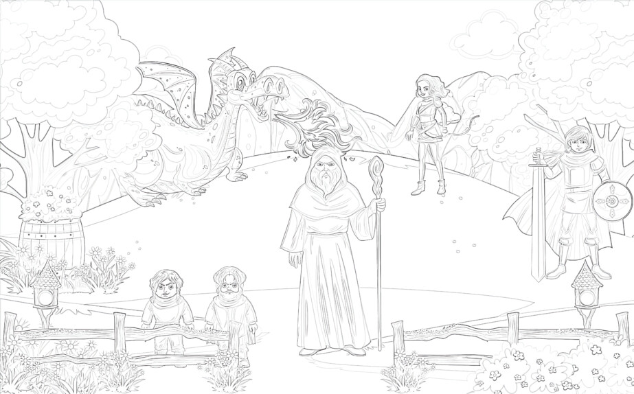 Enchanted Scene With Medieval Characters - Coloring page