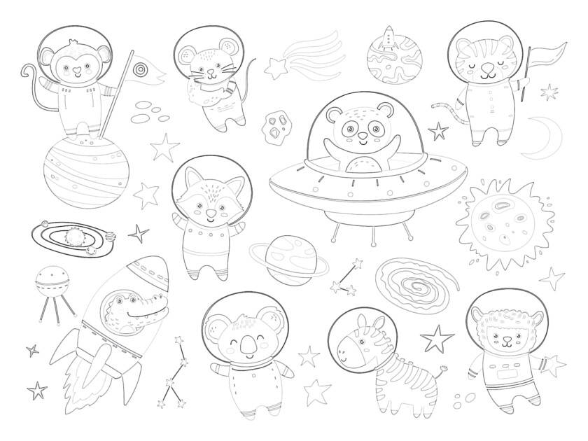 Printable Space Animals Set Coloring Page - Mimi Panda