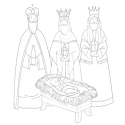 Three Wise Men Visit Baby Jesus - Printable Coloring page
