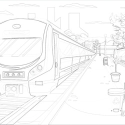 Train Station With Electric Train Locomotive - Printable Coloring page