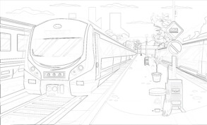 Train Station With Electric Train Locomotive - Coloring page