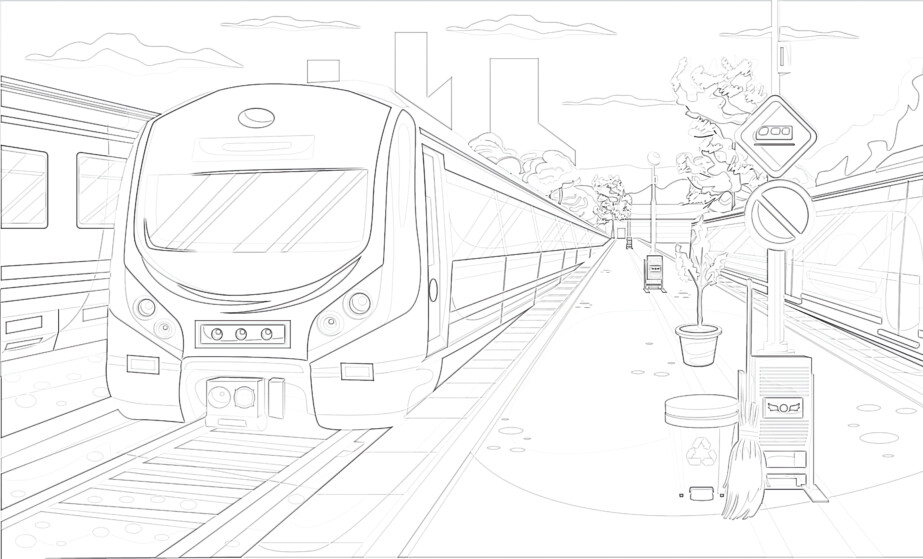 Train Station With Electric Train Locomotive - Coloring page
