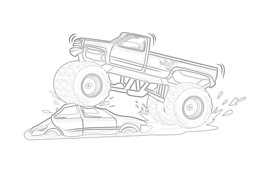 Monster Truck Crushed The Car - Coloring page