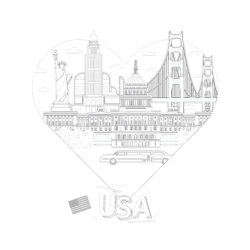 American Flag With Landmarks In Shape Of Heart - Printable Coloring page
