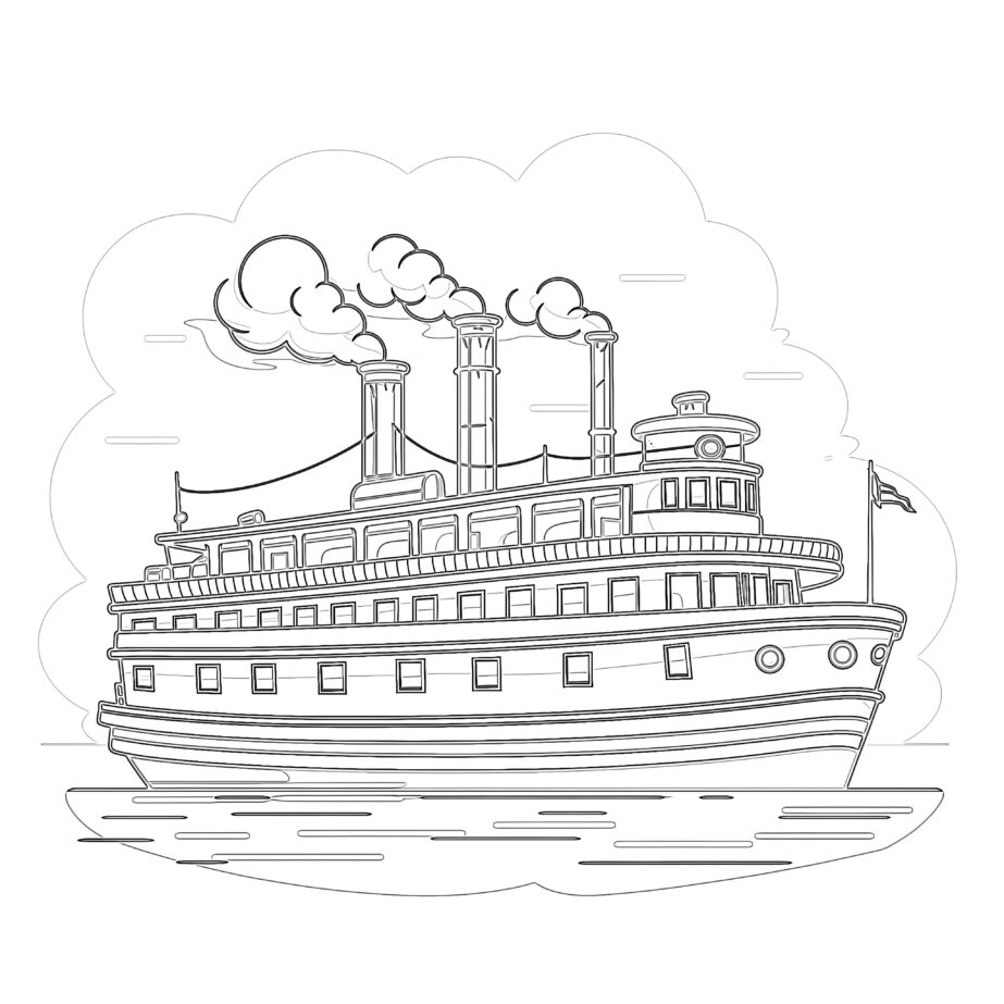 Funny Retro Paddle Passenger Steamboat Coloring Page