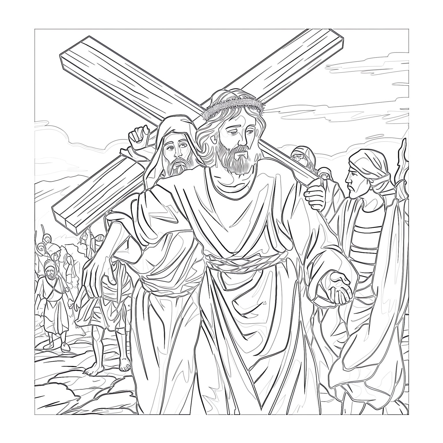 Printable Jesus Christ Carrying Cross Coloring Page - Mimi Panda