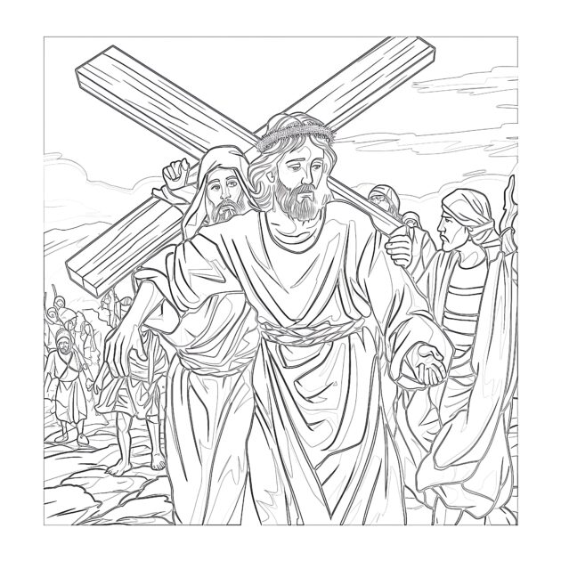 Printable Jesus Christ Carrying Cross Coloring Page - Mimi Panda