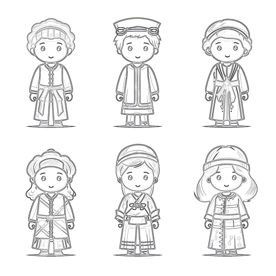 Kids In Traditional Costumes Coloring Page