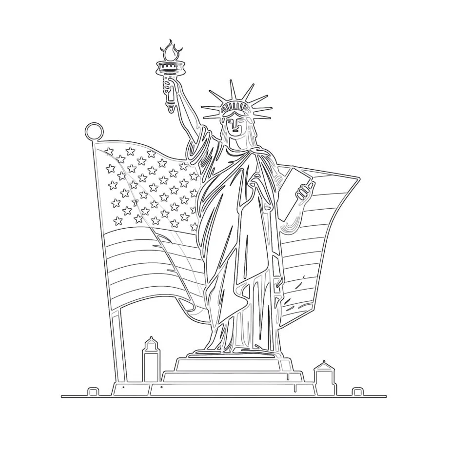 Liberty Statue With United States Flag Coloring Page