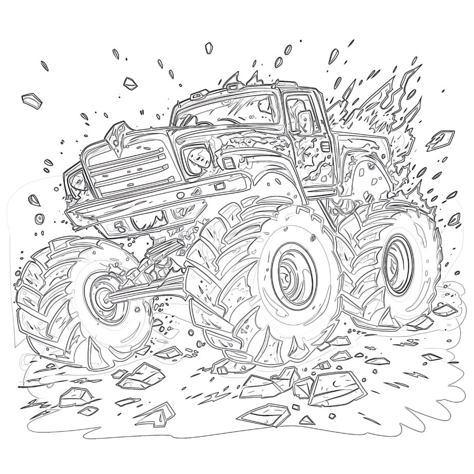 Monster Truck Crushed The Car Coloring Page