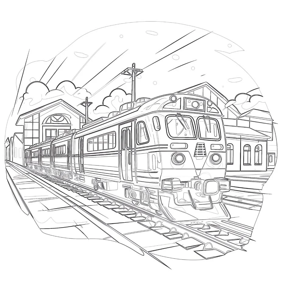 Train Station With Electric Train Locomotive Coloring Page