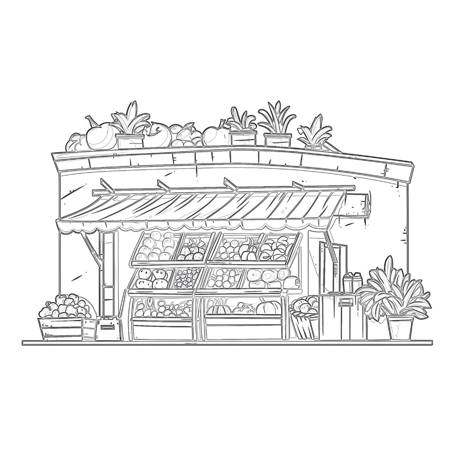 Fruits Market Building Coloring Page
