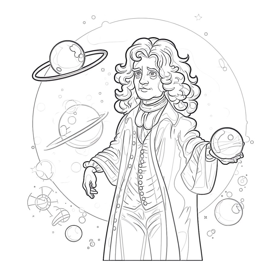 Sir Isaac Newton With Gravitation Theory Coloring Page