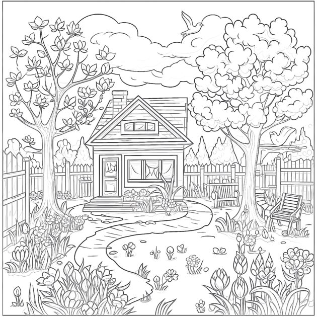 Printable Spring Backyard Coloring Page - Mimi Panda