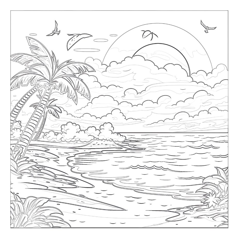Sunny Beach Summer Landscape Coloring Page