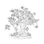 Branch of a Tree with a Beehive and Bees Coloring Page