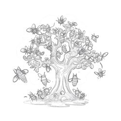 Branch Of A Tree With A Beehive And Bees - Printable Coloring page