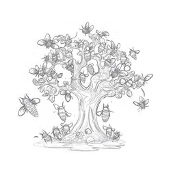 Branch Of A Tree With A Beehive And Bees - Printable Coloring page