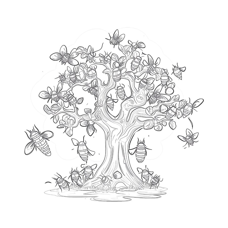 Branch of a Tree with a Beehive and Bees Coloring Page