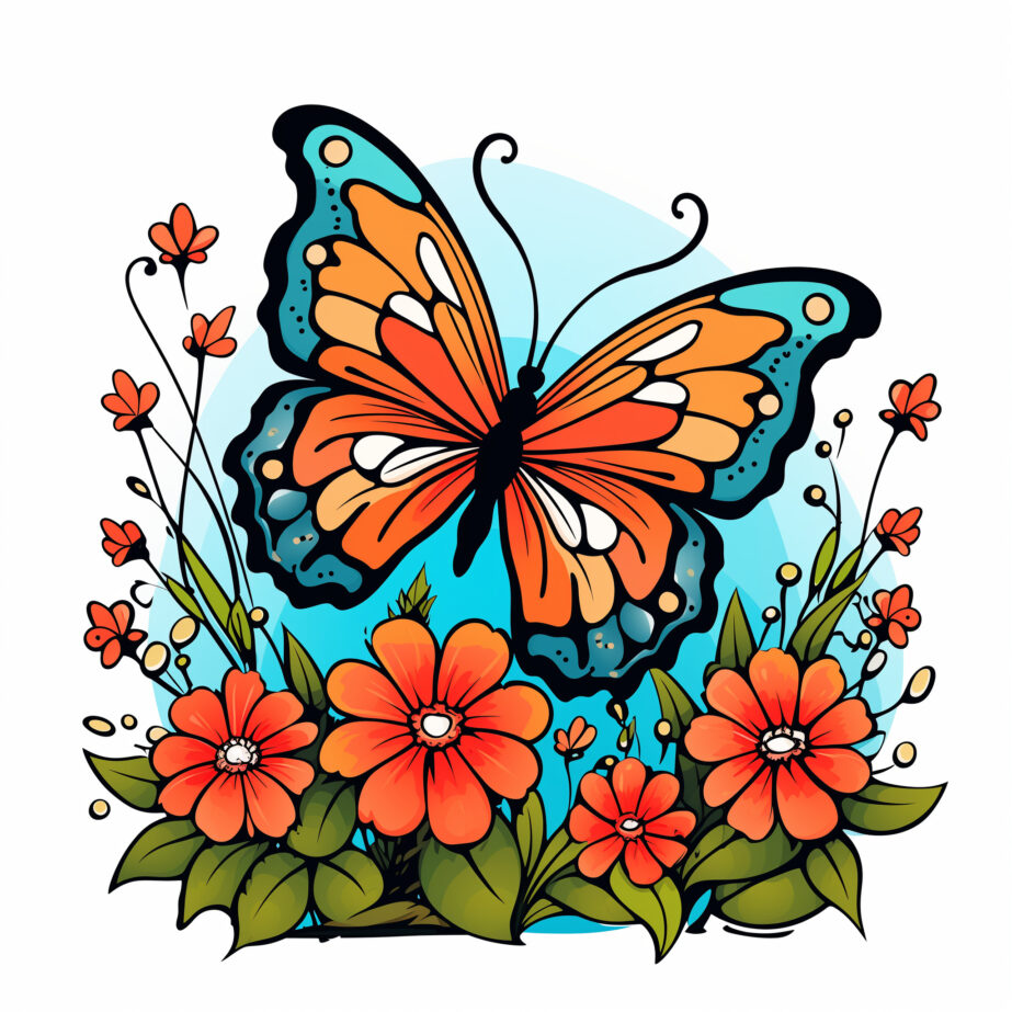 Butterfly on Flowers Coloring Page 2Original image