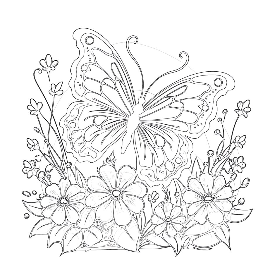 Butterfly on Flowers Coloring Page