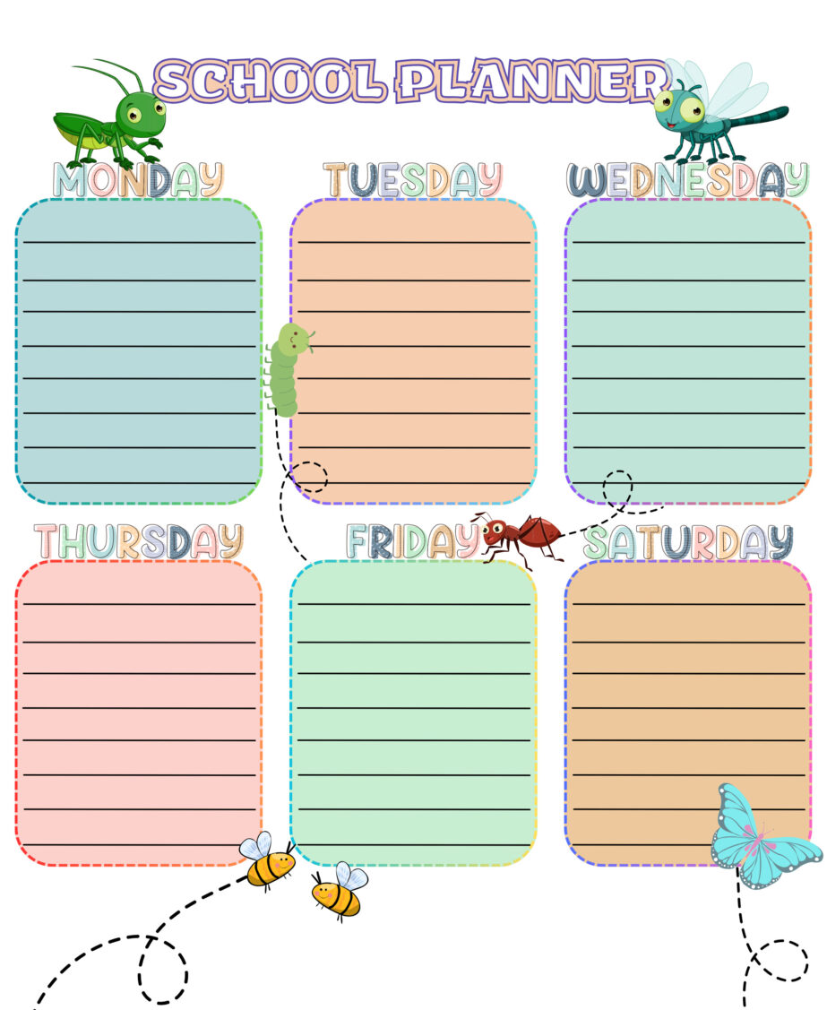 School Planner with Insects Characters Coloring Page 2Original image