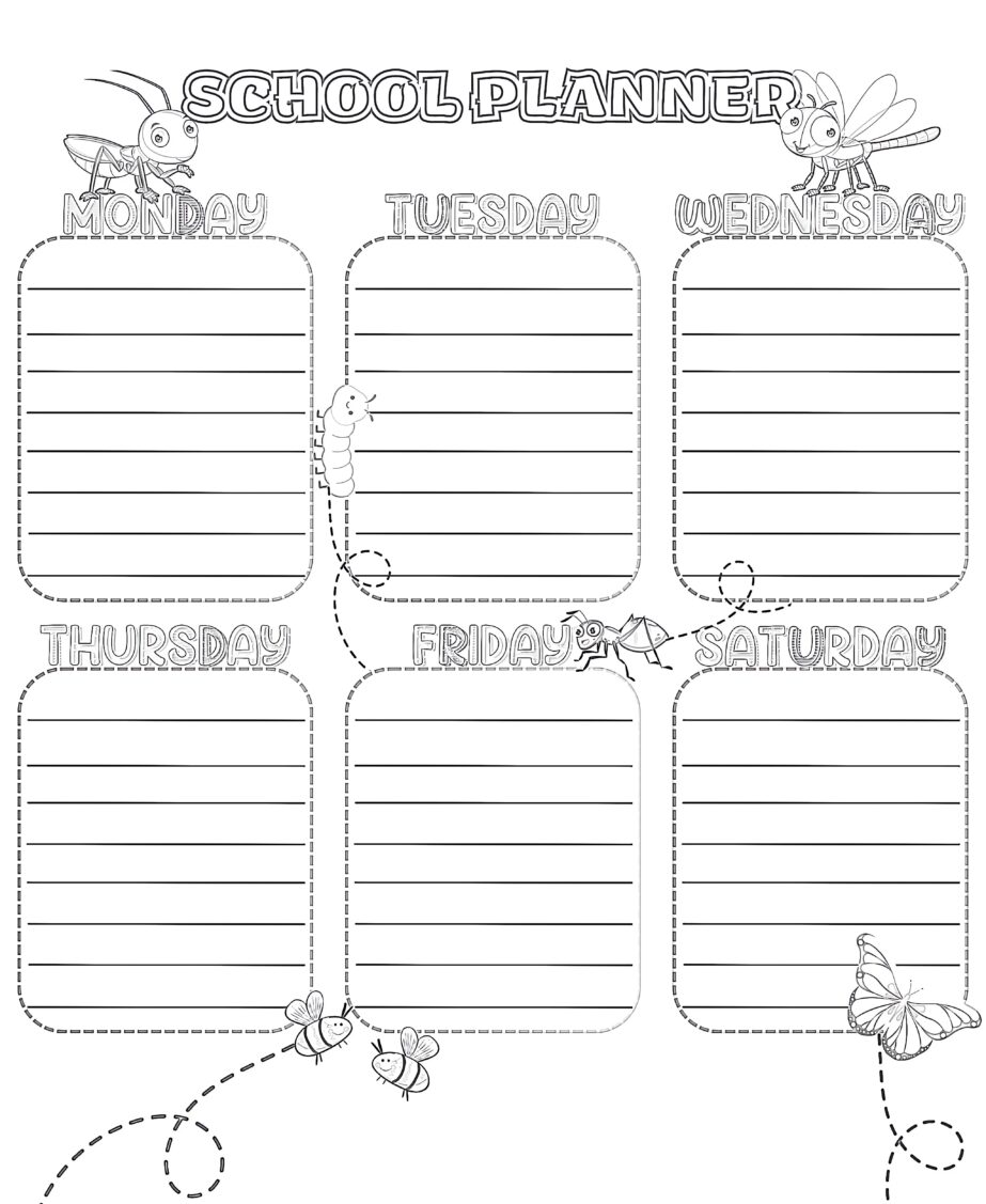 School Planner with Insects Characters Coloring Page