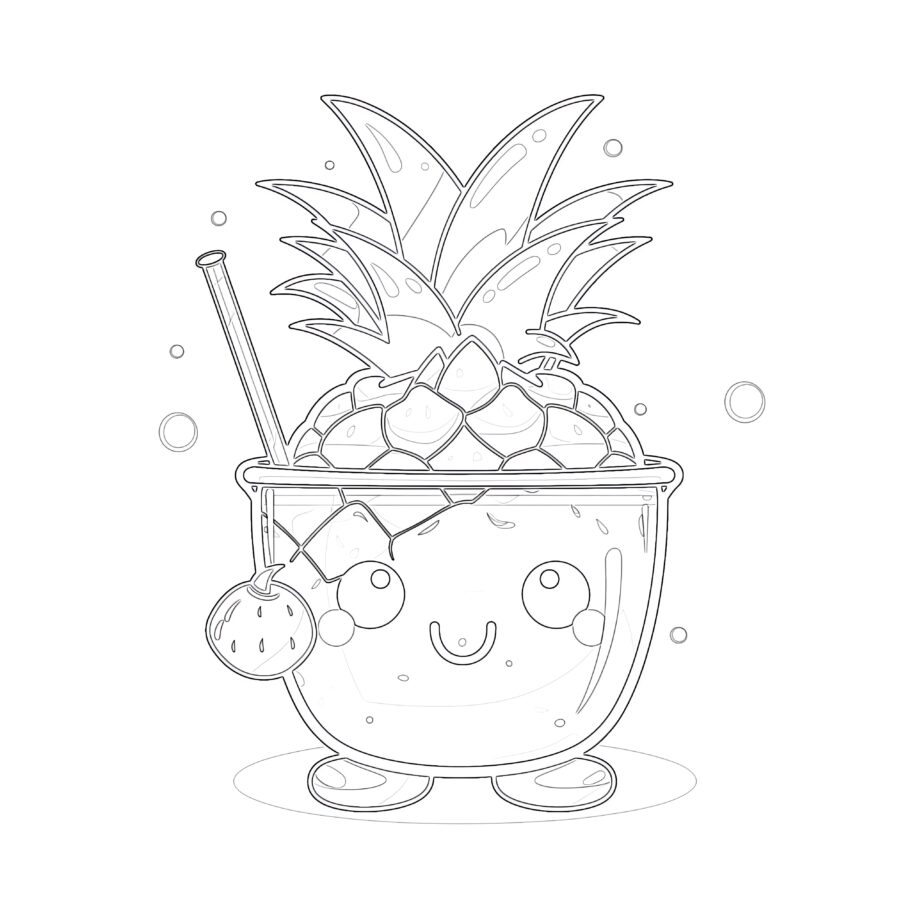 Cute Pineapple With a Cocktail Coloring Page