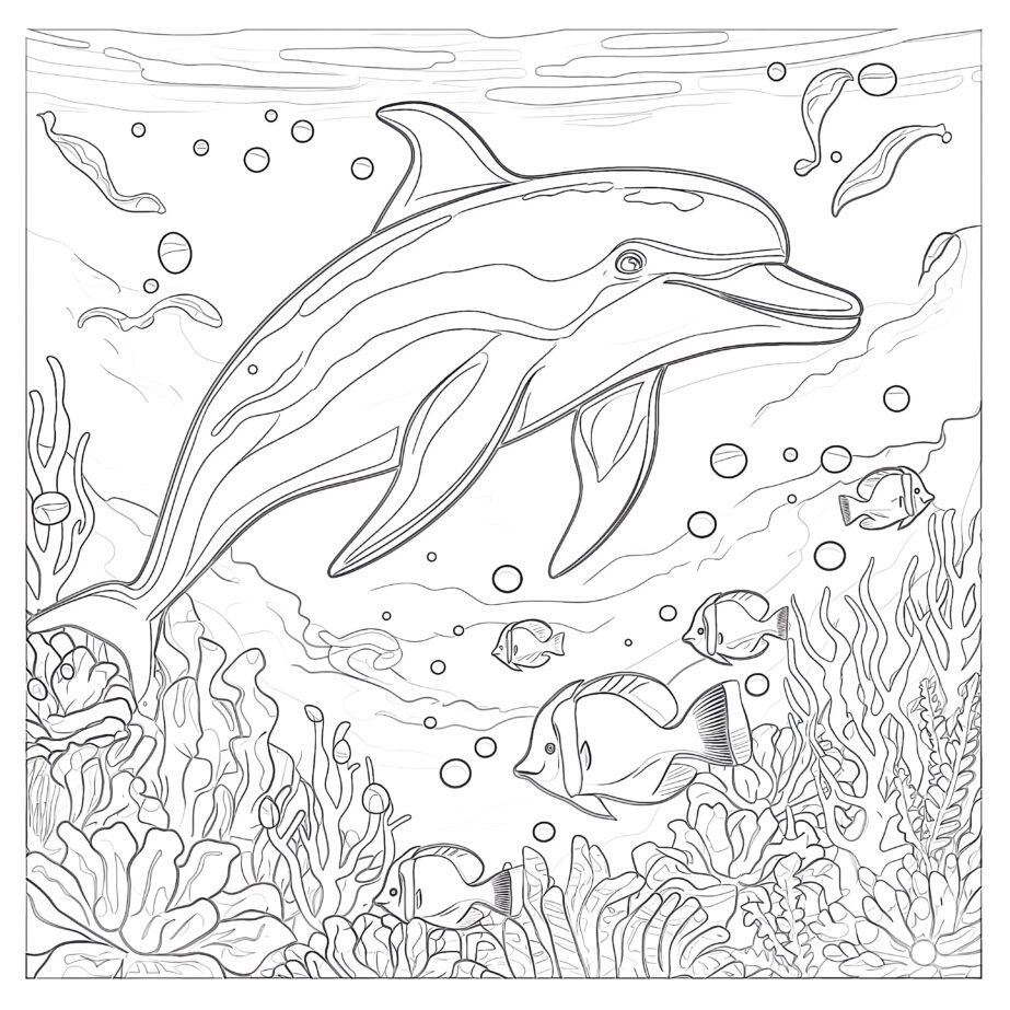 Dolphin And Coral Reef Coloring Page