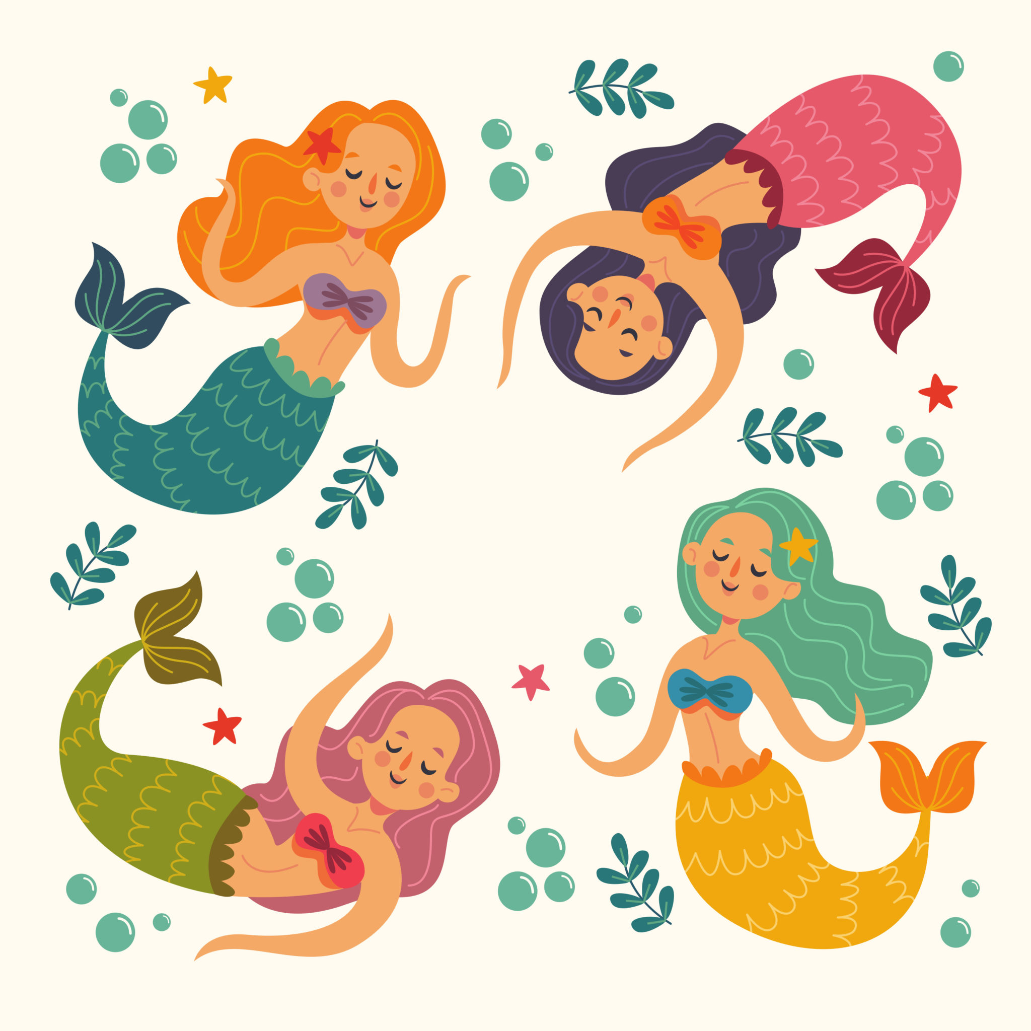 Printable Smiling Mermaids Coloring Page Mimi Panda