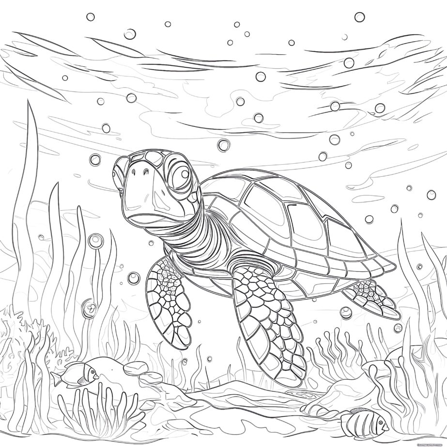 Scene Fishs And Turtle Coloring Page