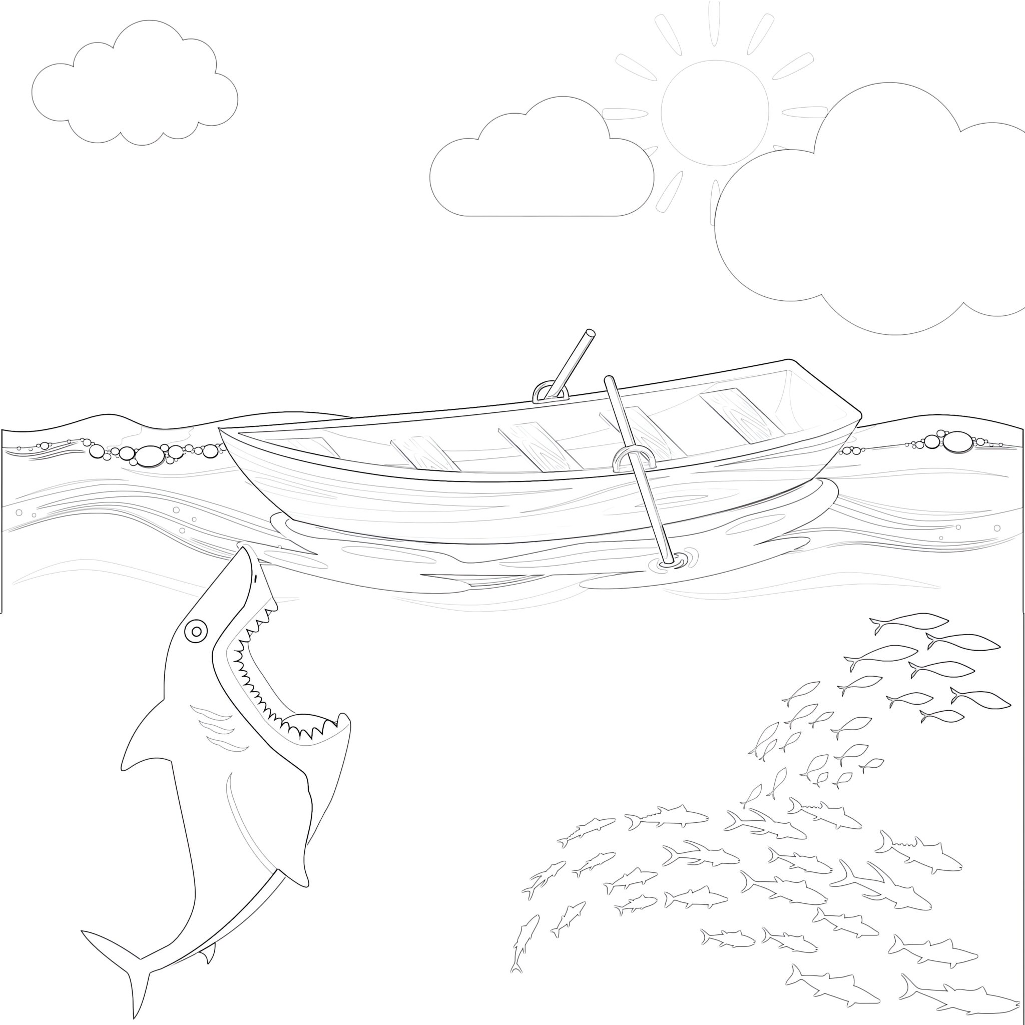 Shark And Boat Coloring Page | Coloring Pages Mimi Panda