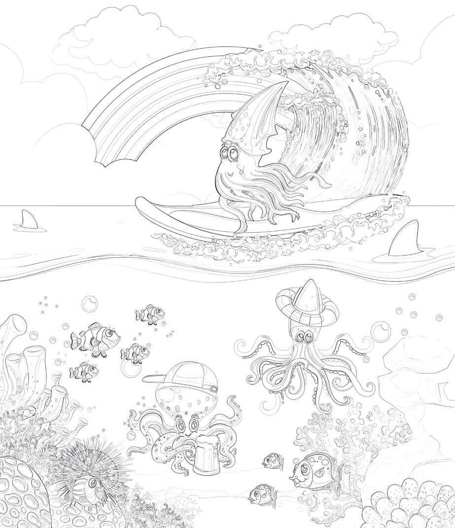 Underwater Animals And Rainbow - Coloring page