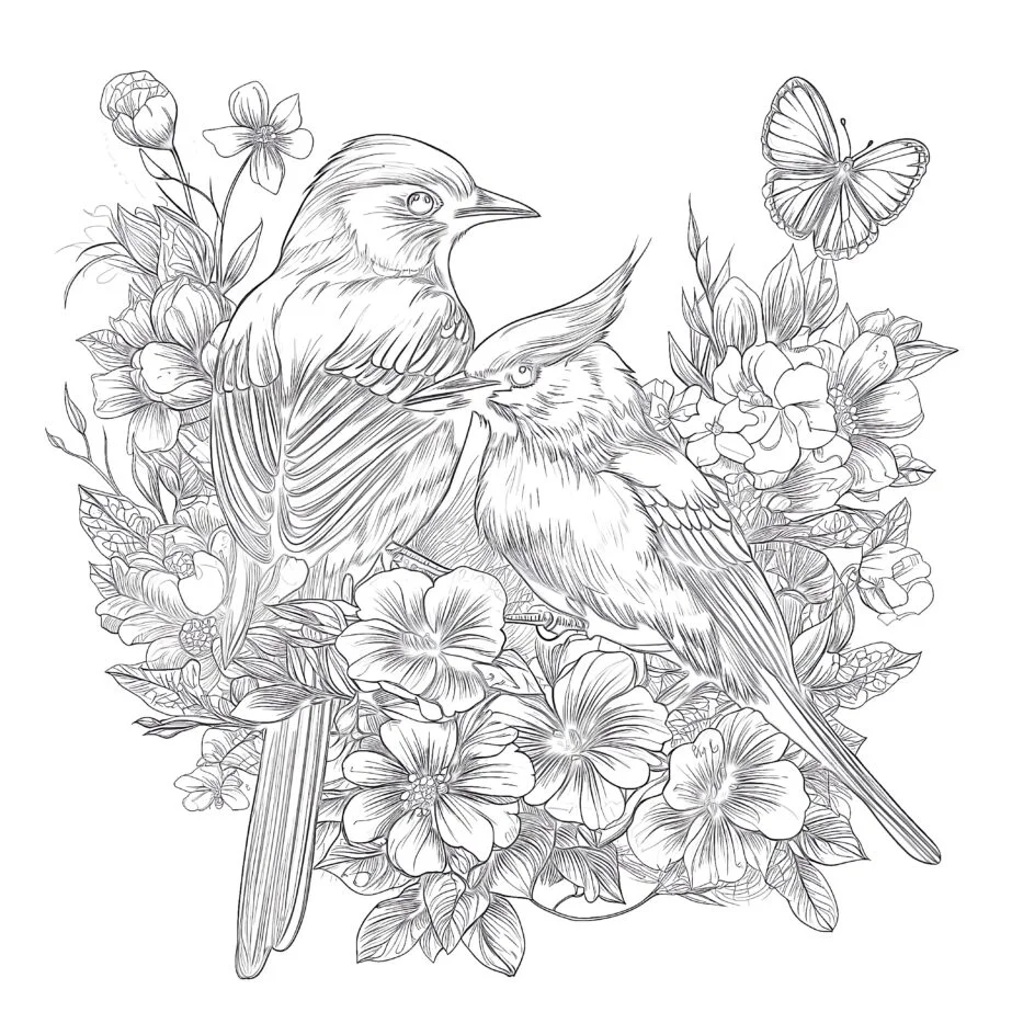 Vintage Beautiful Birds Coloring Page