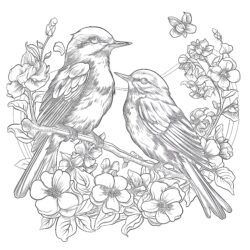 Vintage Birds With Butterflies In Flowers - Printable Coloring page