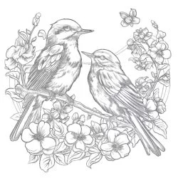 Vintage Birds With Butterflies In Flowers Coloring Page - Printable Coloring page