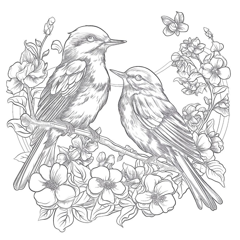 Vintage Birds With Butterflies In Flowers Coloring Page