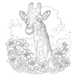 Vintage Giraffe In Flowers - Printable Coloring page