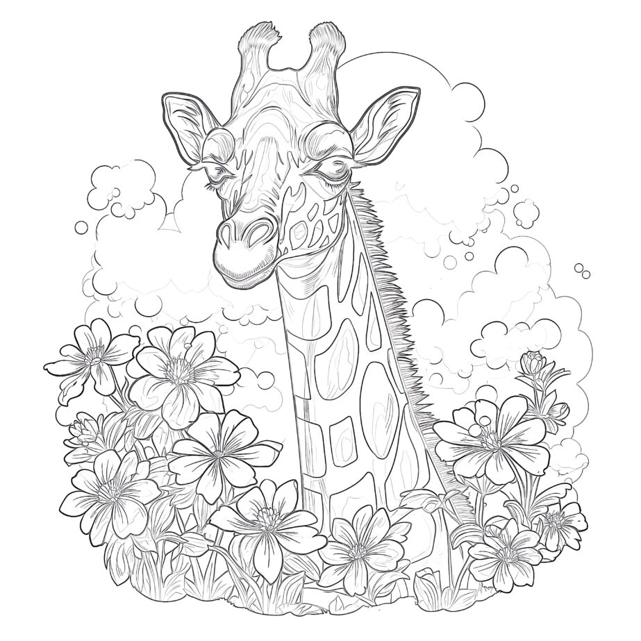 Vintage Giraffe In Flowers Coloring Page