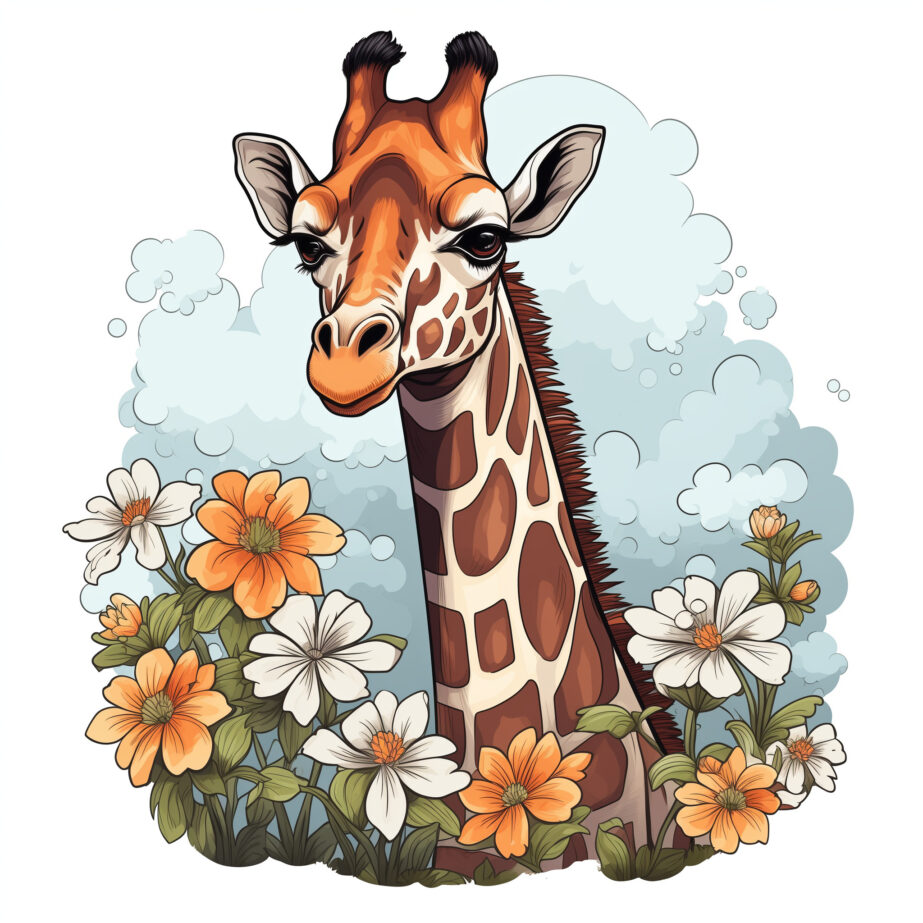 Vintage Giraffe In Flowers Coloring Page 2