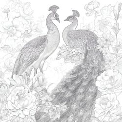 Vintage Peafowls In Flowers - Printable Coloring page