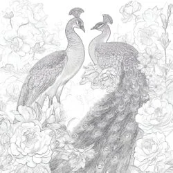 Vintage Peafowls In Flowers Coloring Page - Printable Coloring page