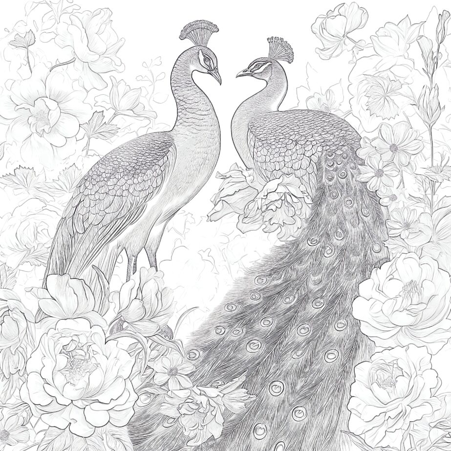 Vintage Peafowls In Flowers Coloring Page