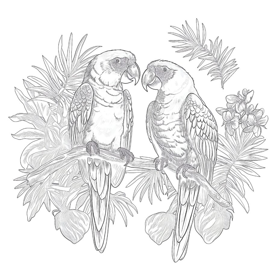 Vintage Two Yellow Parrots Coloring Page