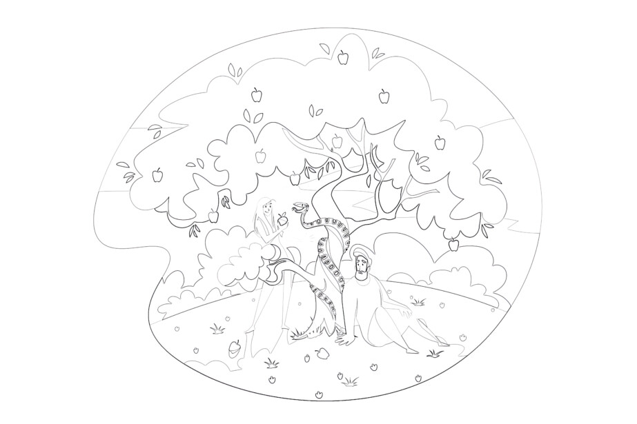 Adam and Eve with apple tree - Coloring page
