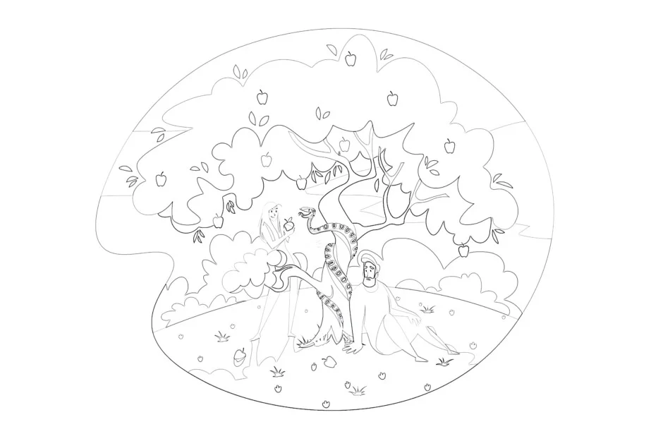 Adam and Eve with Apple Tree Coloring Page