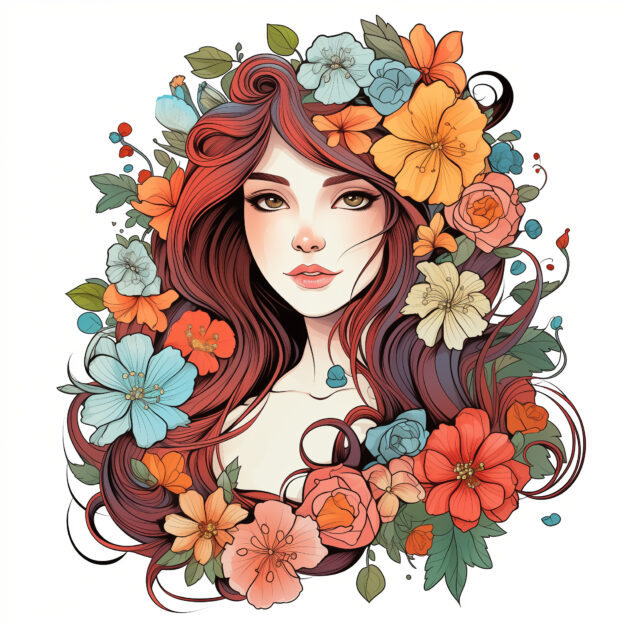 Printable Beautiful Girl With Flowers Coloring Page - Mimi Panda