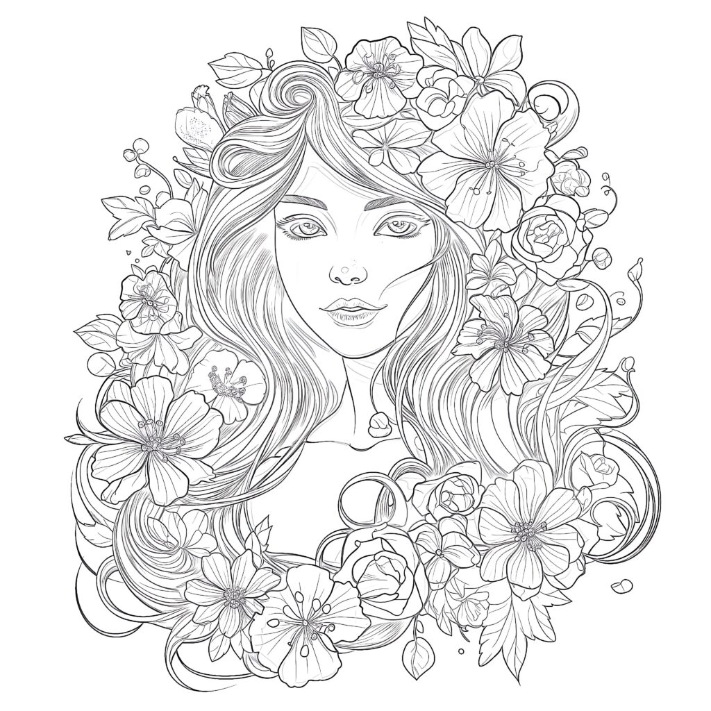 Printable Beautiful Girl With Flowers Coloring Page - Mimi Panda